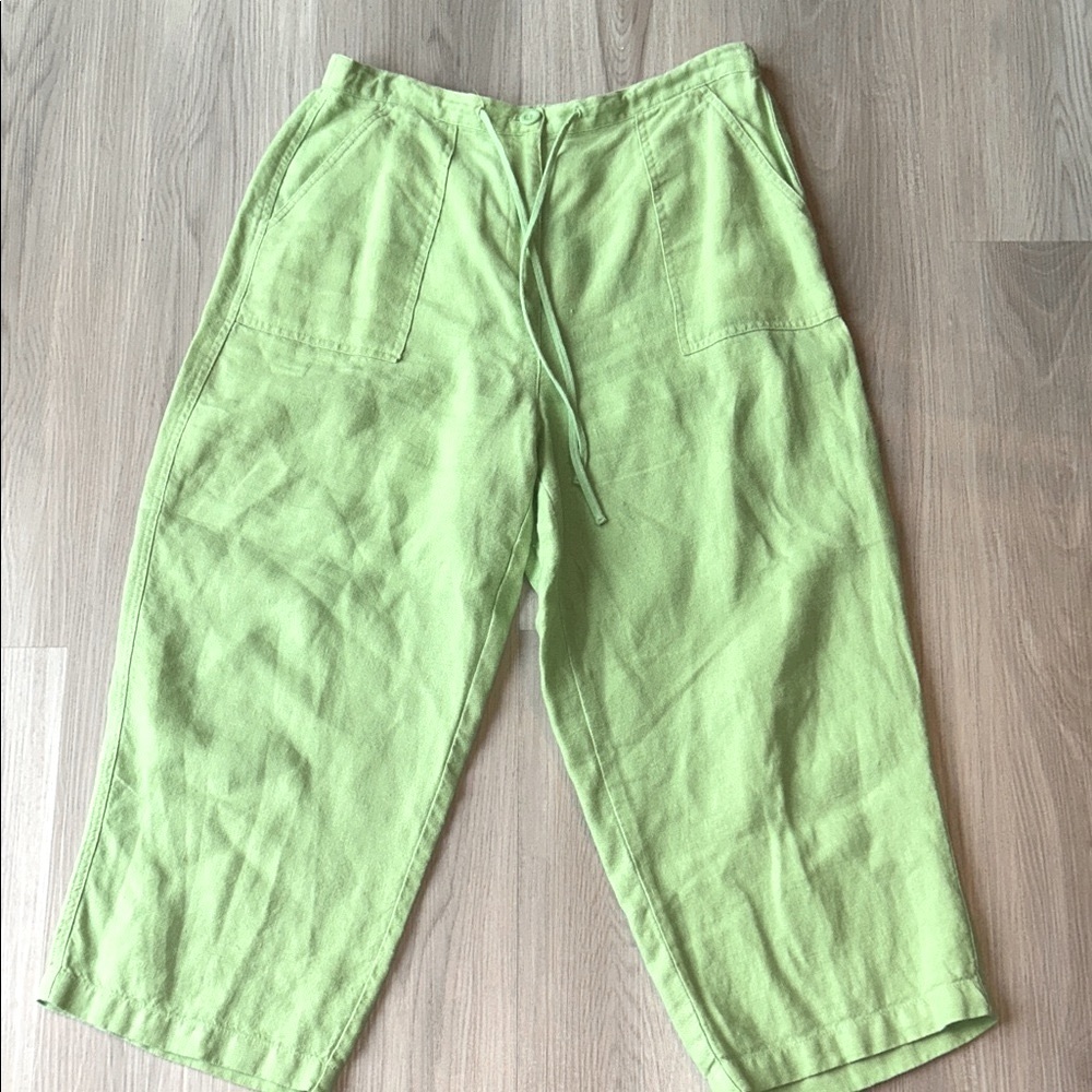 Talbots Irish Linen Drawstring Pants 12P Green Casual Pull On Pockets Summer
